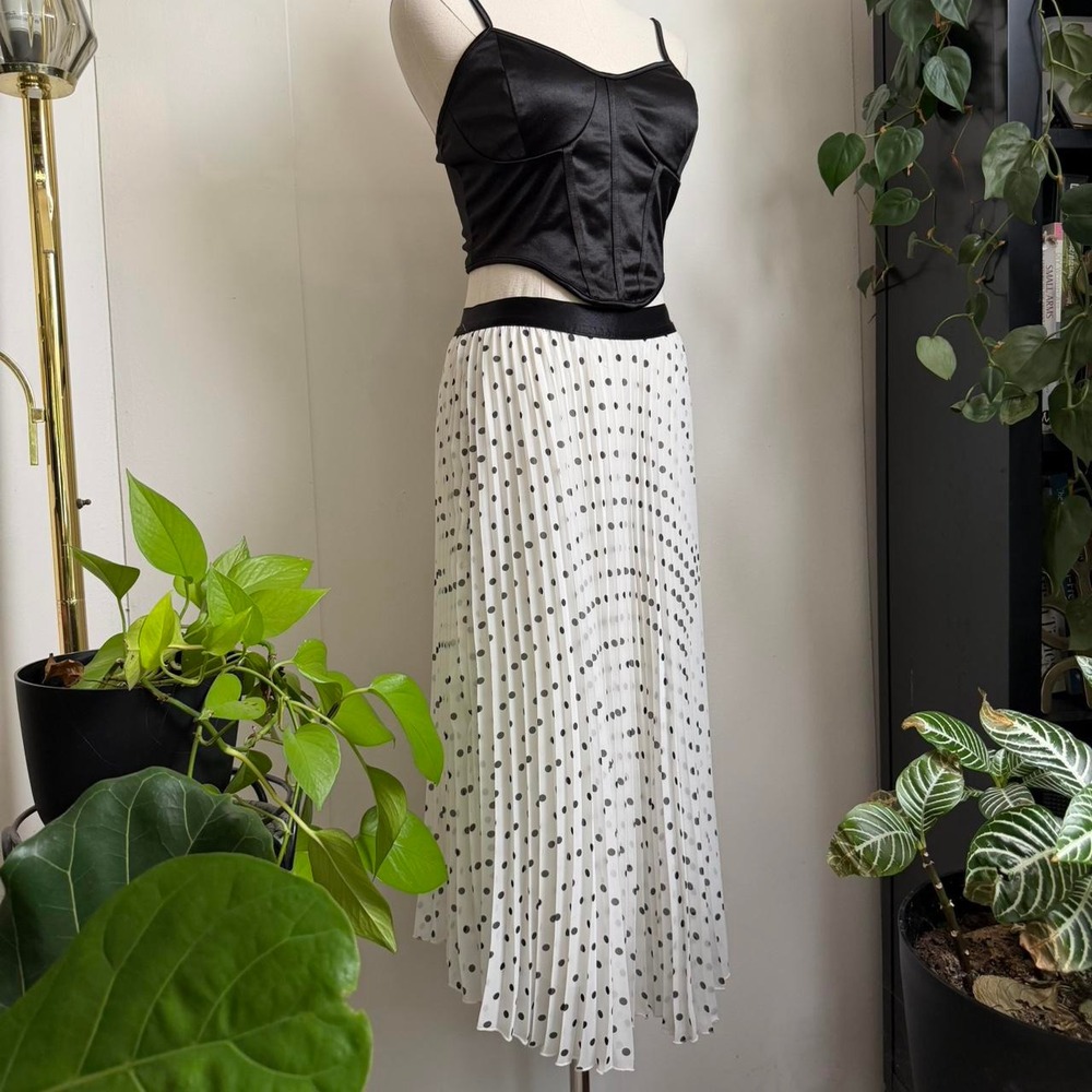WD.NY Womens Black White Polka Dot Pleated Midi Skirt Medium Elastic Waist